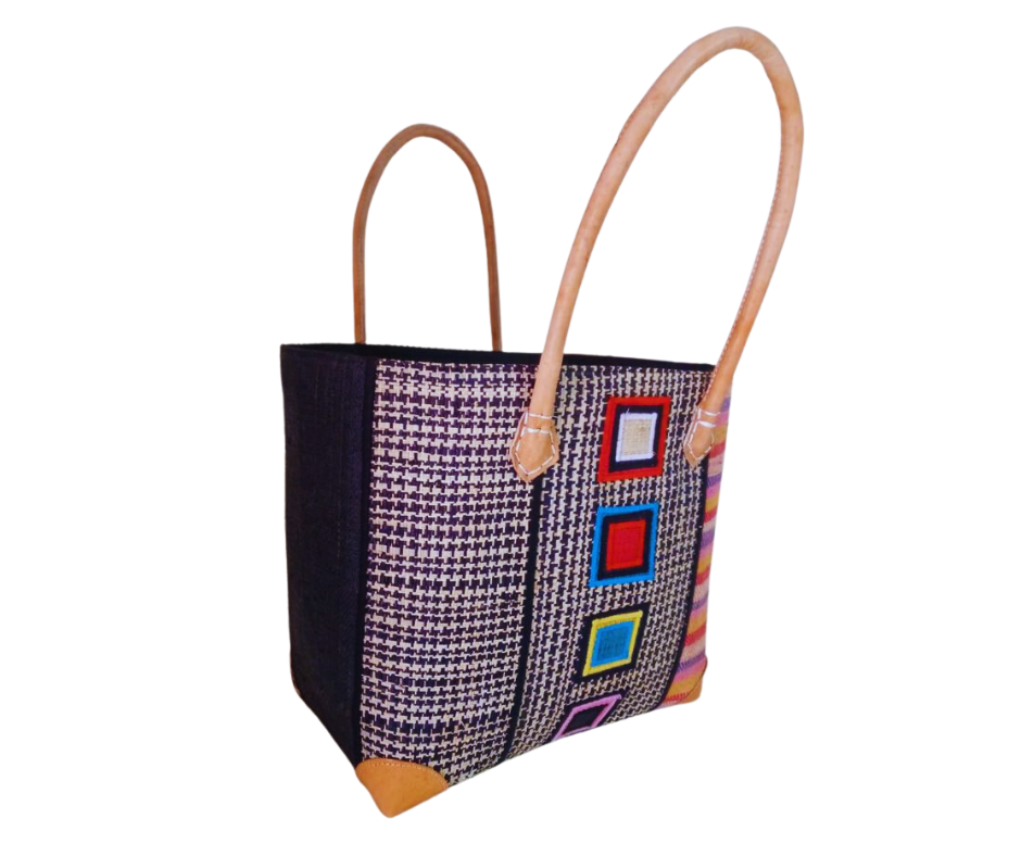 NatsNco handmade raffia, women,pink basket with embroidery and leather handle & drawstring closure. Made in Madagascar