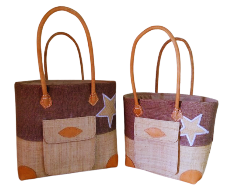 NatsNco handmade raffia, women,beige basket with star embroidery, front pocket and leather handle & drawstring closure. Made in Madagascar