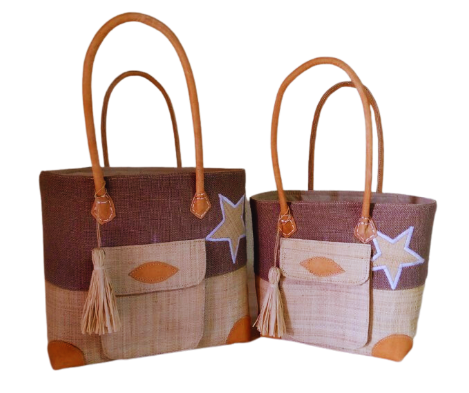 NatsNco handmade raffia, women,beige basket with star embroidery, front pocket and leather handle & drawstring closure. Made in Madagascar