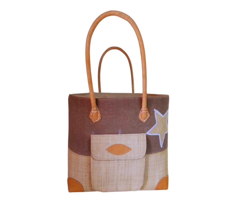 NatsNco handmade raffia, women,beige basket with star embroidery, front pocket and leather handle & drawstring closure. Made in Madagascar