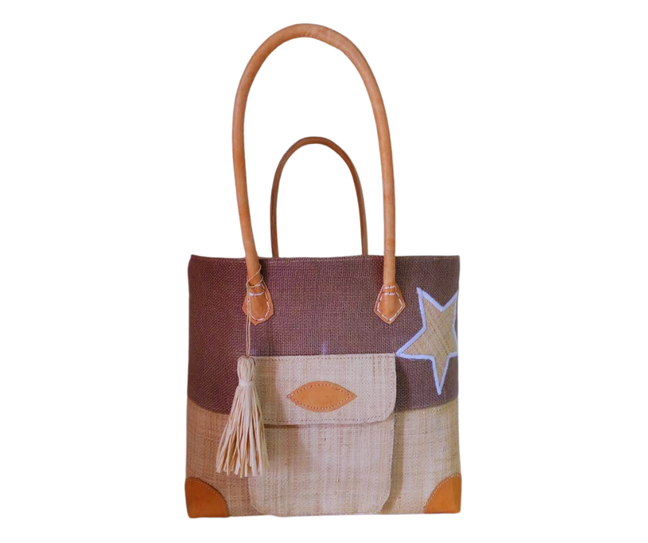 NatsNco handmade raffia, women,beige basket with star embroidery, front pocket and leather handle & drawstring closure. Made in Madagascar