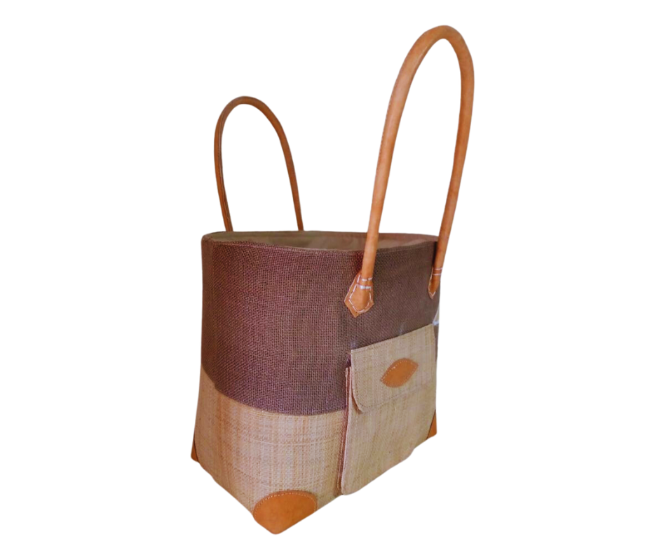 NatsNco handmade raffia, women,beige basket with star embroidery, front pocket and leather handle & drawstring closure. Made in Madagascar