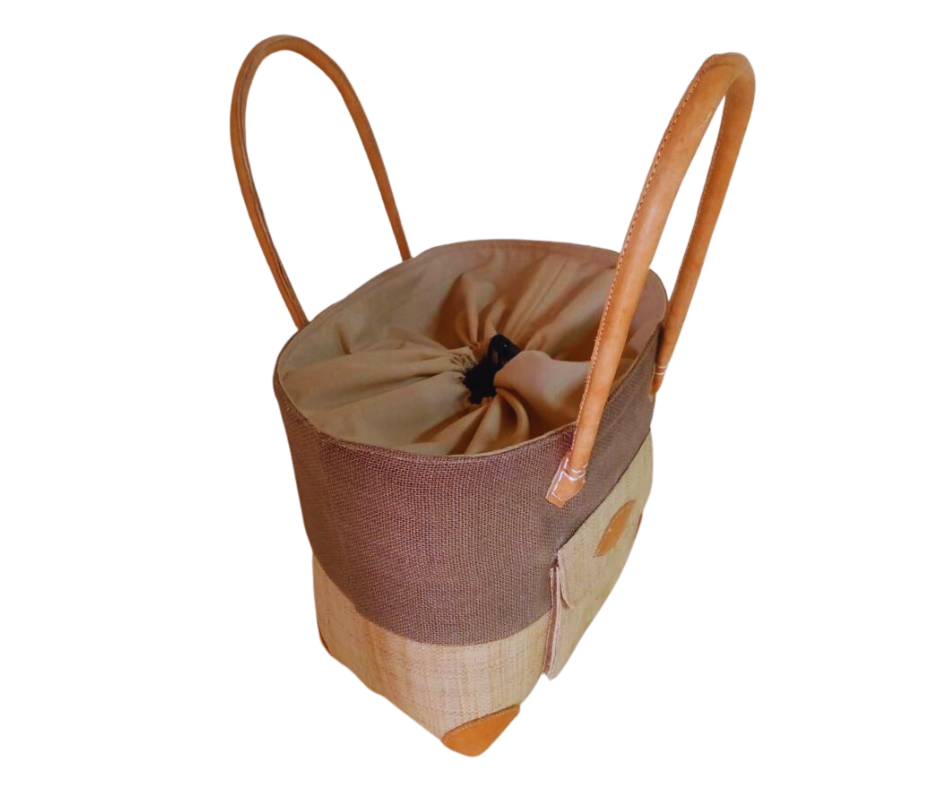 NatsNco handmade raffia, women,beige basket with star embroidery, front pocket and leather handle & drawstring closure. Made in Madagascar