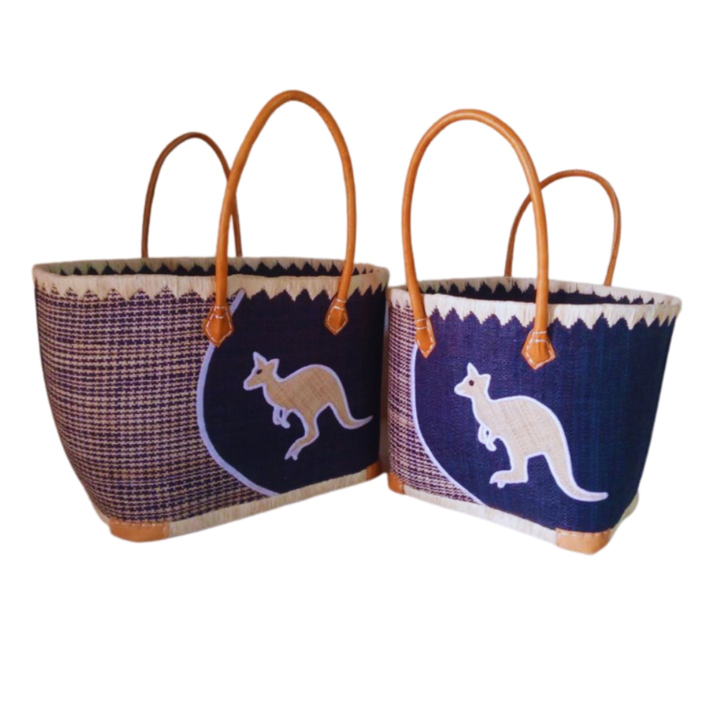 NatsNco handmade raffia women, australian animals, embroidery,kangaroo basket and leather handle & drawstring closure. Made in Madagascar