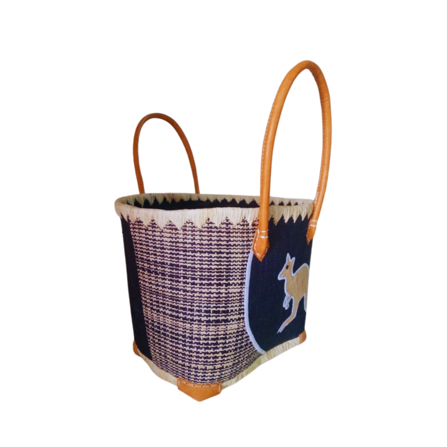NatsNco handmade raffia women, australian animals, embroidery,kangaroo basket and leather handle & drawstring closure. Made in Madagascar