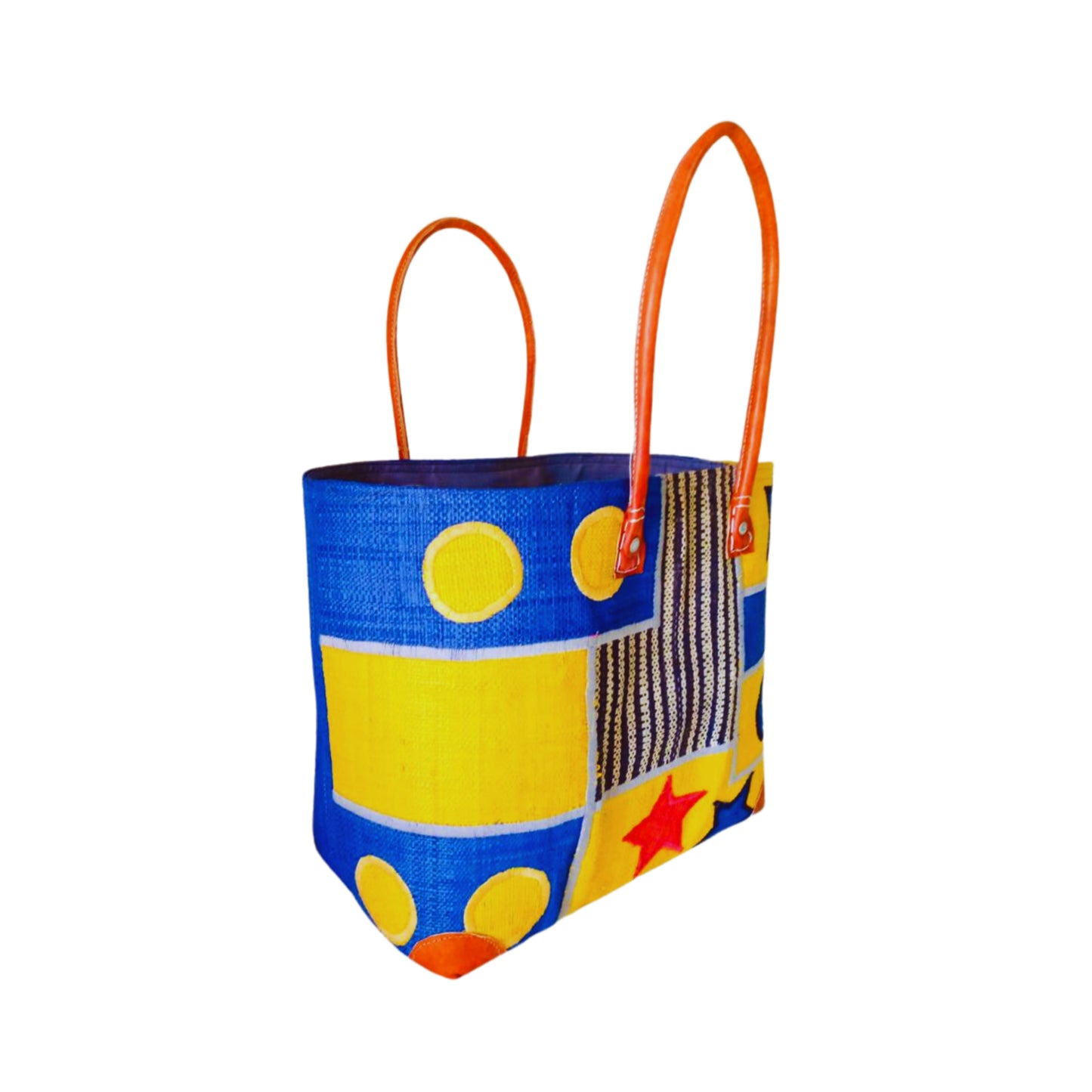NatsNco handmade raffia, women,yellow and blue basket with star embroidery & design and leather handle & drawstring closure. Made in Madagascar