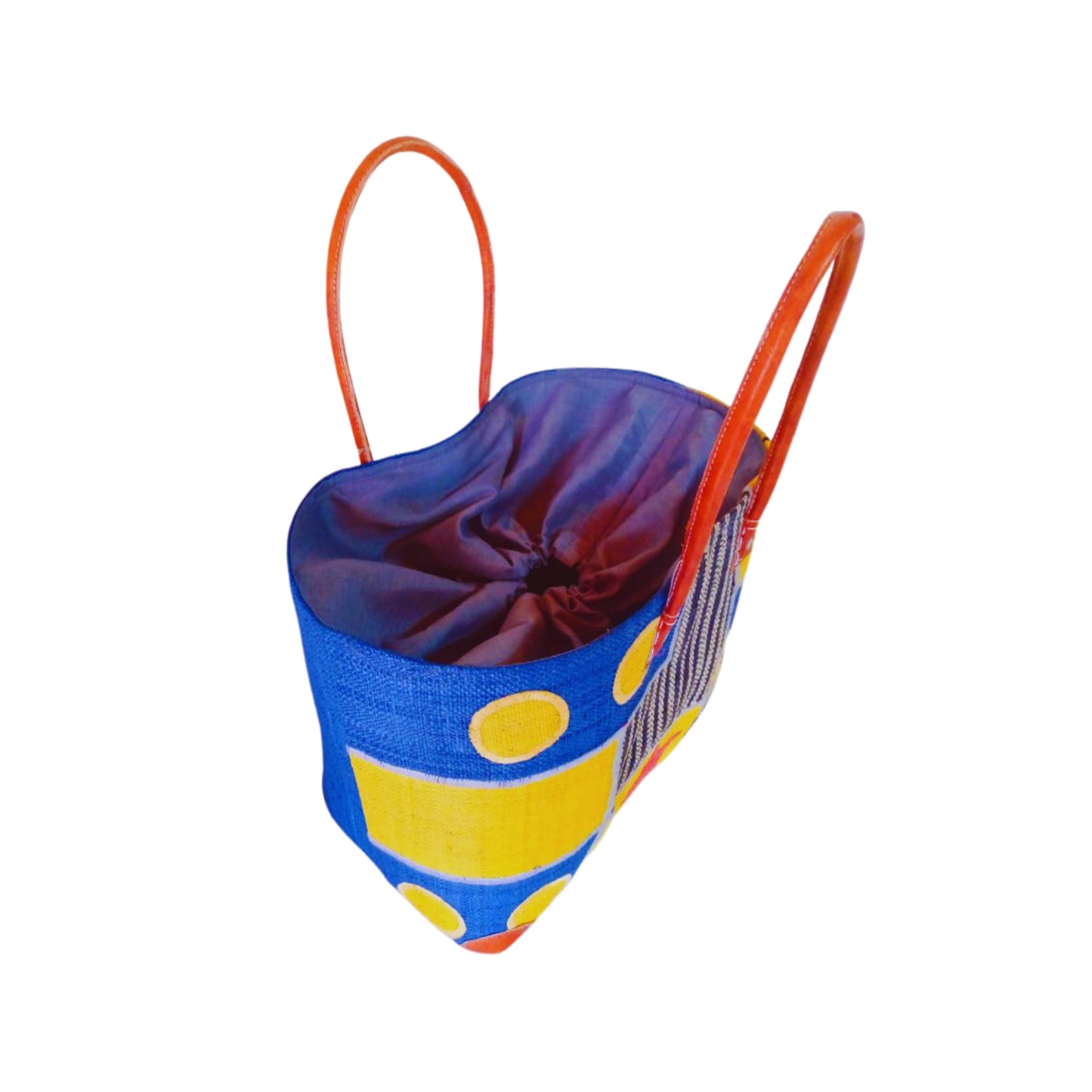 NatsNco handmade raffia, women,yellow and blue basket with star embroidery & design and leather handle & drawstring closure. Made in Madagascar