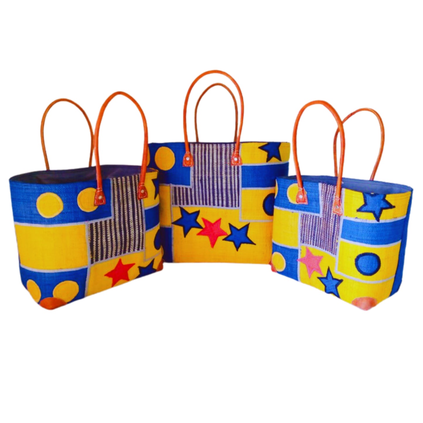 NatsNco handmade raffia, women,yellow and blue basket with star embroidery & design and leather handle & drawstring closure. Made in Madagascar