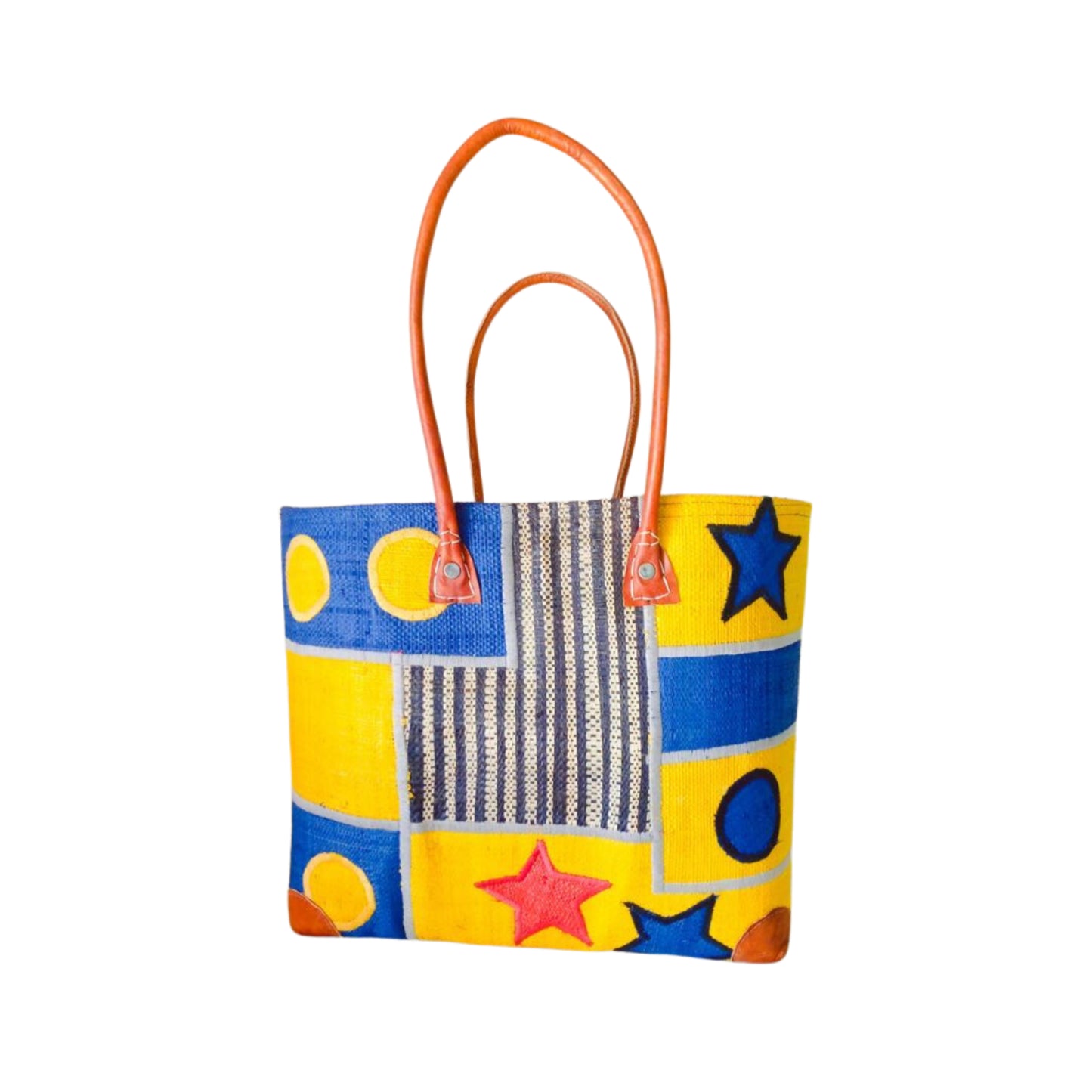 NatsNco handmade raffia, women,yellow and blue basket with star embroidery & design and leather handle & drawstring closure. Made in Madagascar