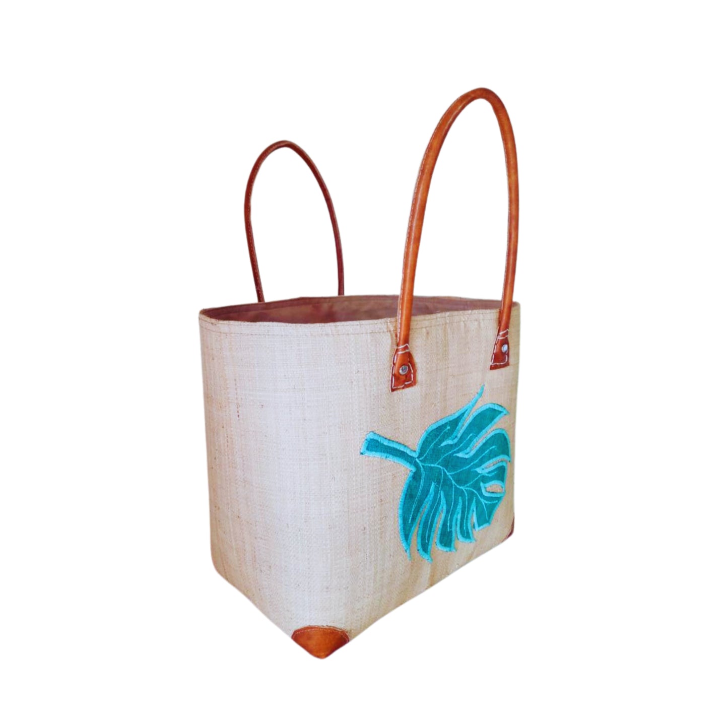 NatsNco handmade raffia, women,beige basket with turquoise leaf embroidery and leather handle & drawstring closure. Made in Madagascar