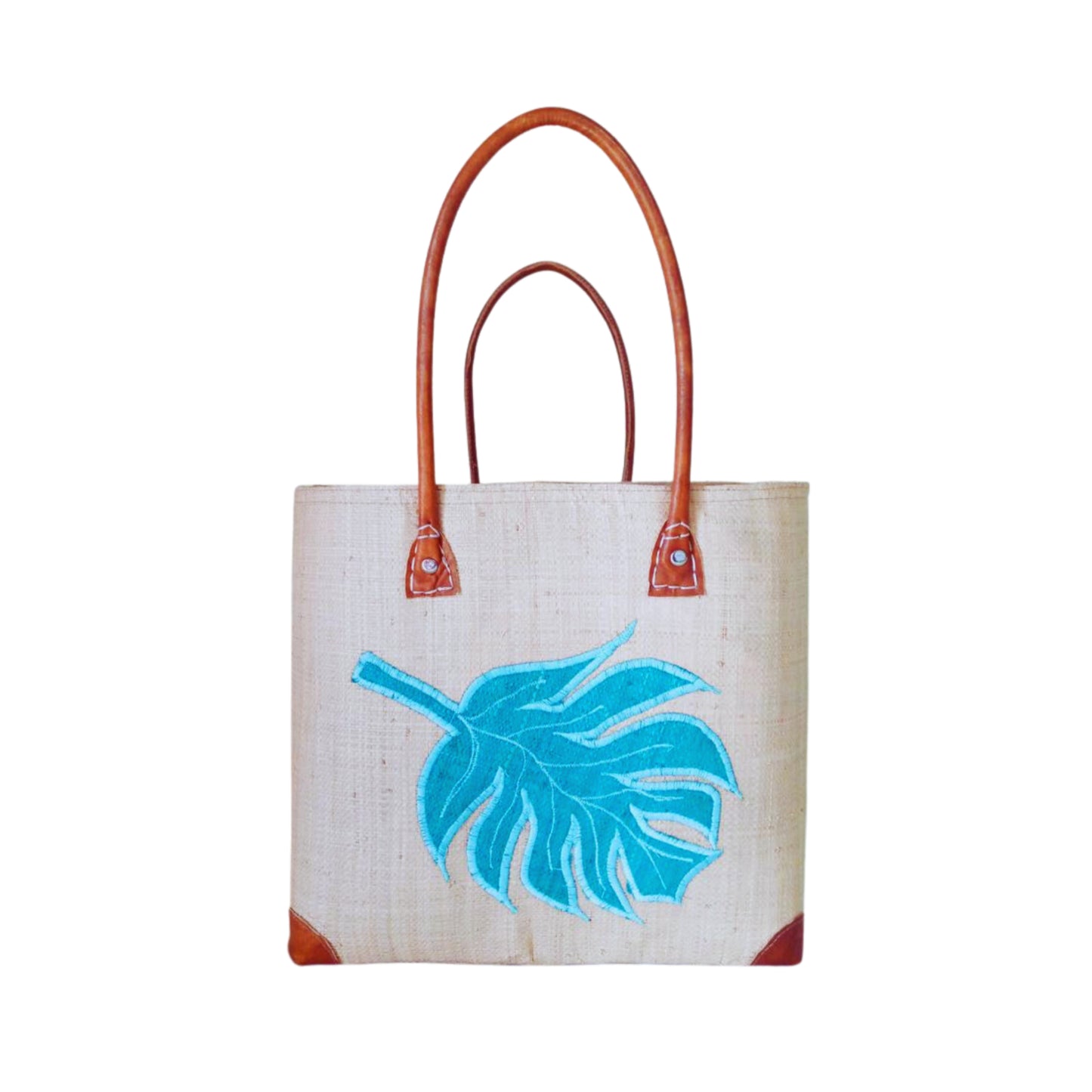 NatsNco handmade raffia, women,beige basket with turquoise leaf embroidery and leather handle & drawstring closure. Made in Madagascar