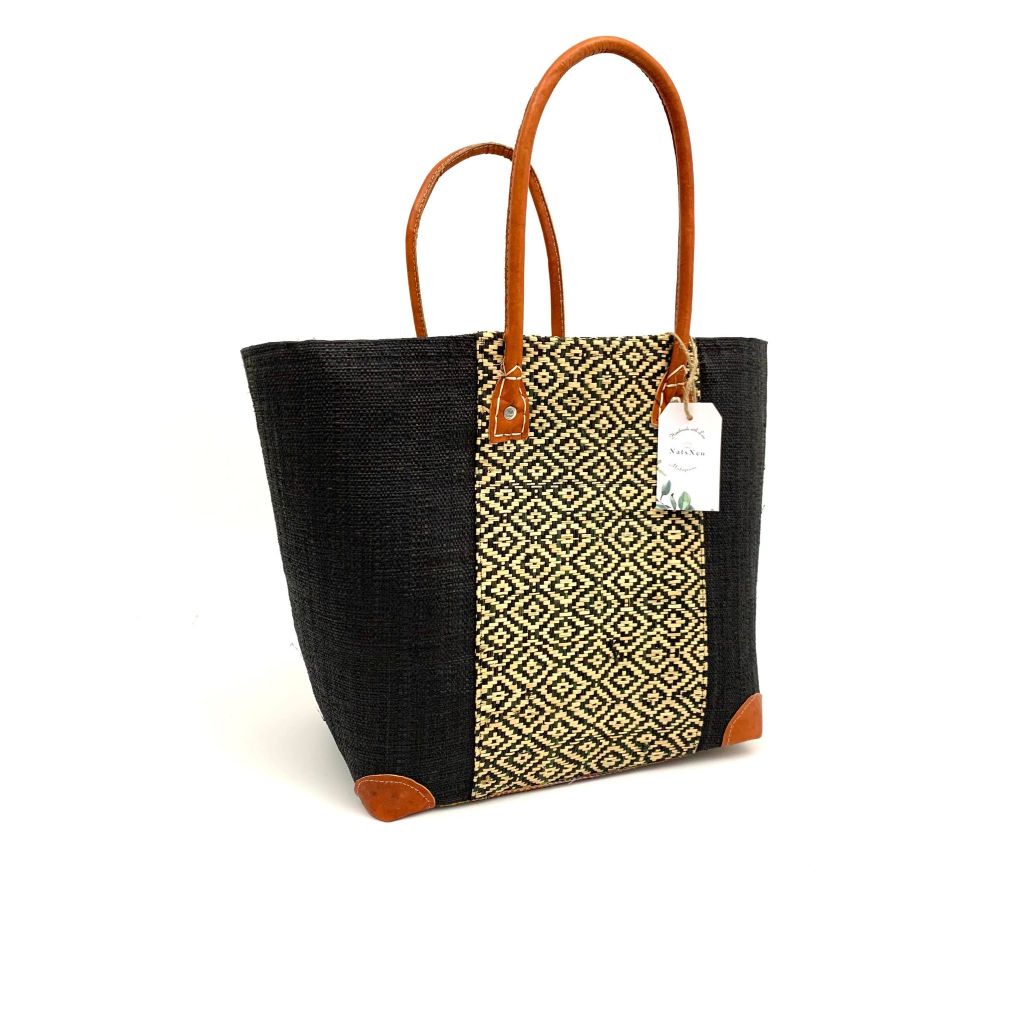 Handmade black raffia women's classy handbag with boho design,pockets & leather handle. Made in Madagascar with love