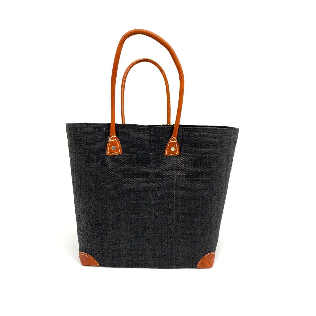 Handmade black raffia women's classy handbag with boho design,pockets & leather handle. Made in Madagascar with love