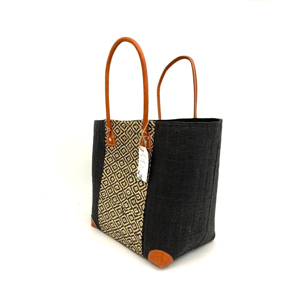 Handmade black raffia women's classy handbag with boho design,pockets & leather handle. Made in Madagascar with love