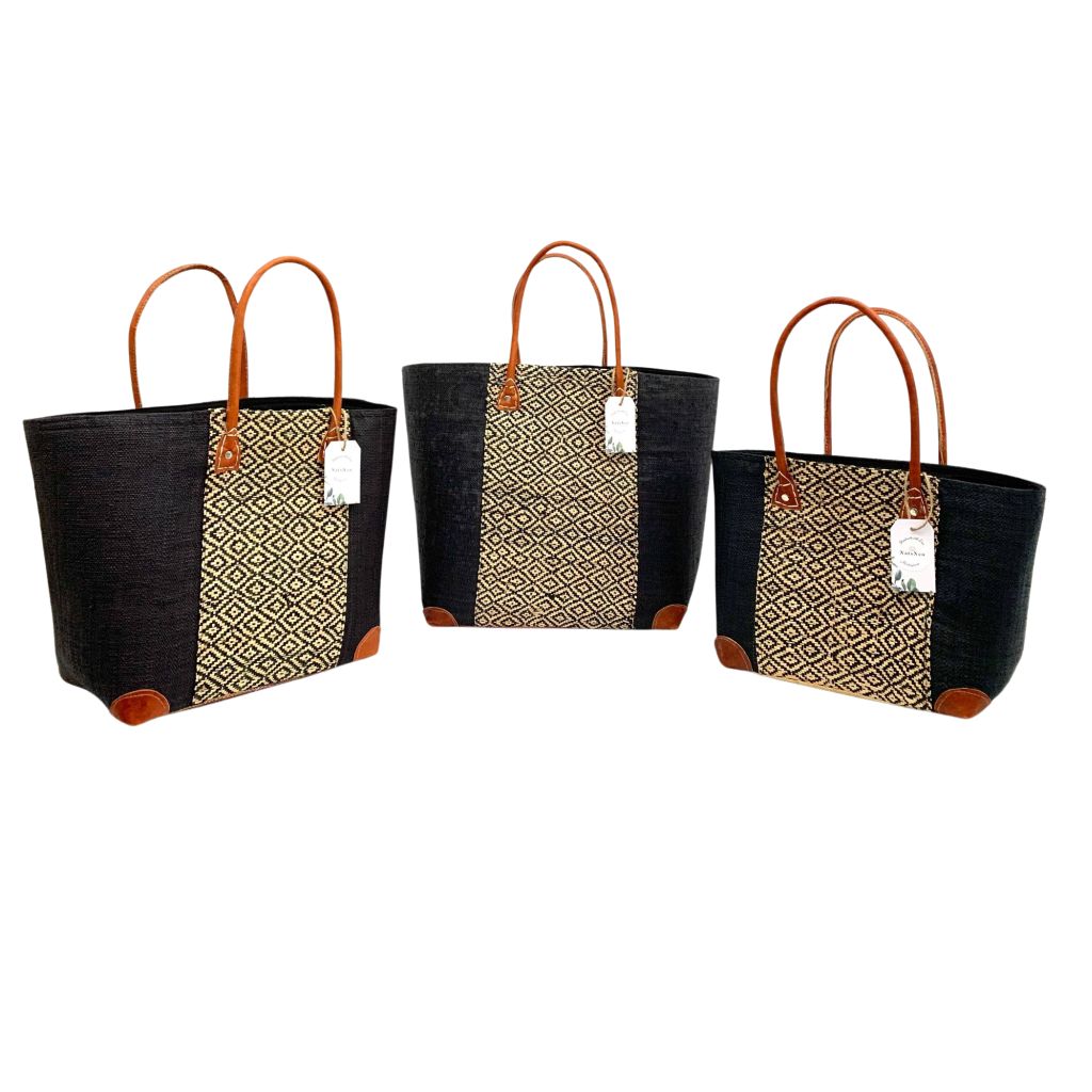 Handmade black raffia women's classy handbag with boho design,pockets & leather handle. Made in Madagascar with love