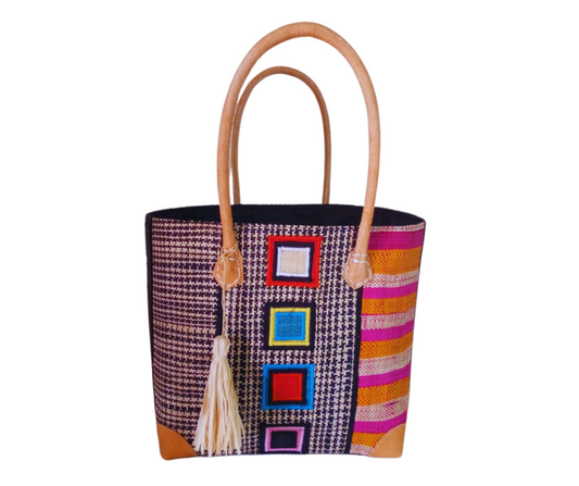 NatsNco handmade raffia, women,pink basket with  embroidery and leather handle & drawstring closure. Made in Madagascar