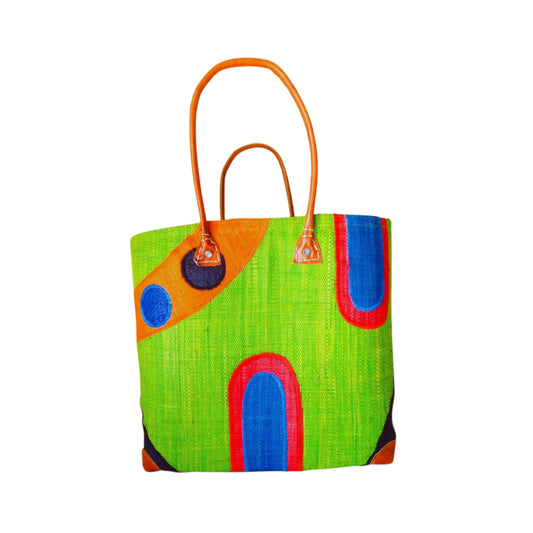 NatsNco handmade raffia, women,green basket with embroidery and leather handle & drawstring closure. Made in Madagascar