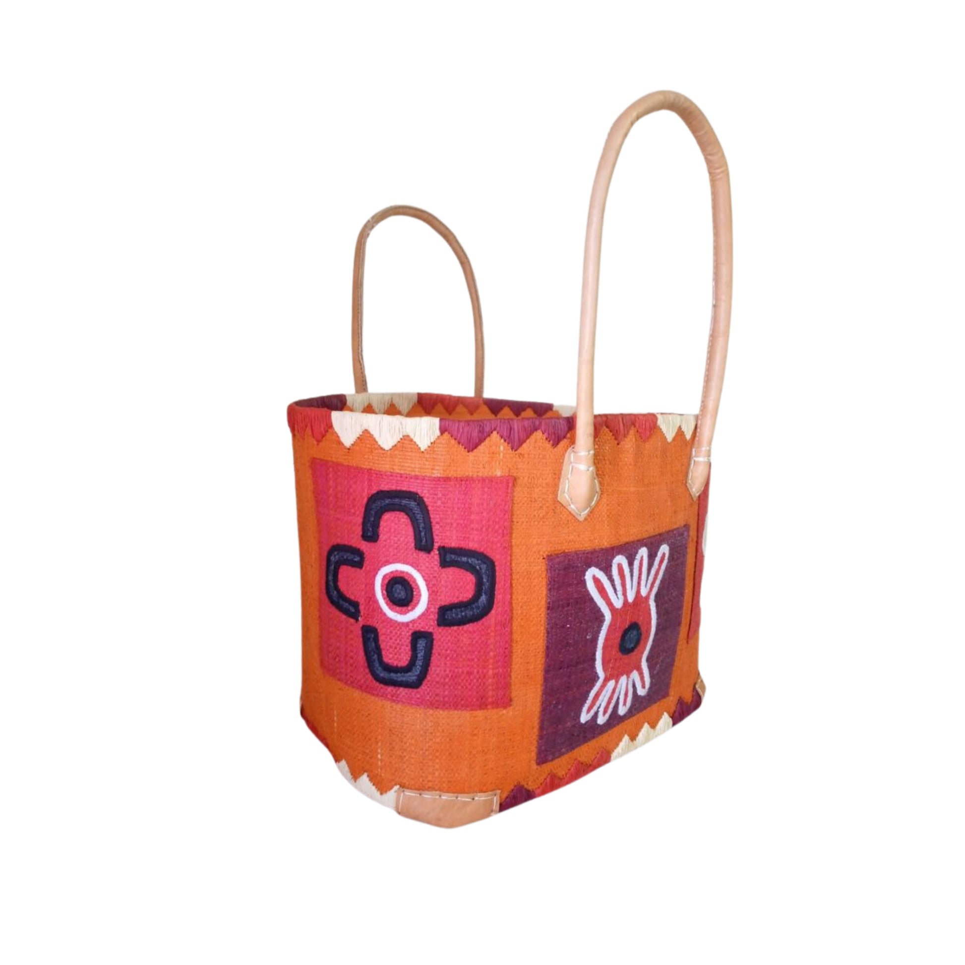 NatsNco handmade raffia women orange basket with pattern embroidery and leather handle & drawstring closure. Made in Madagascar