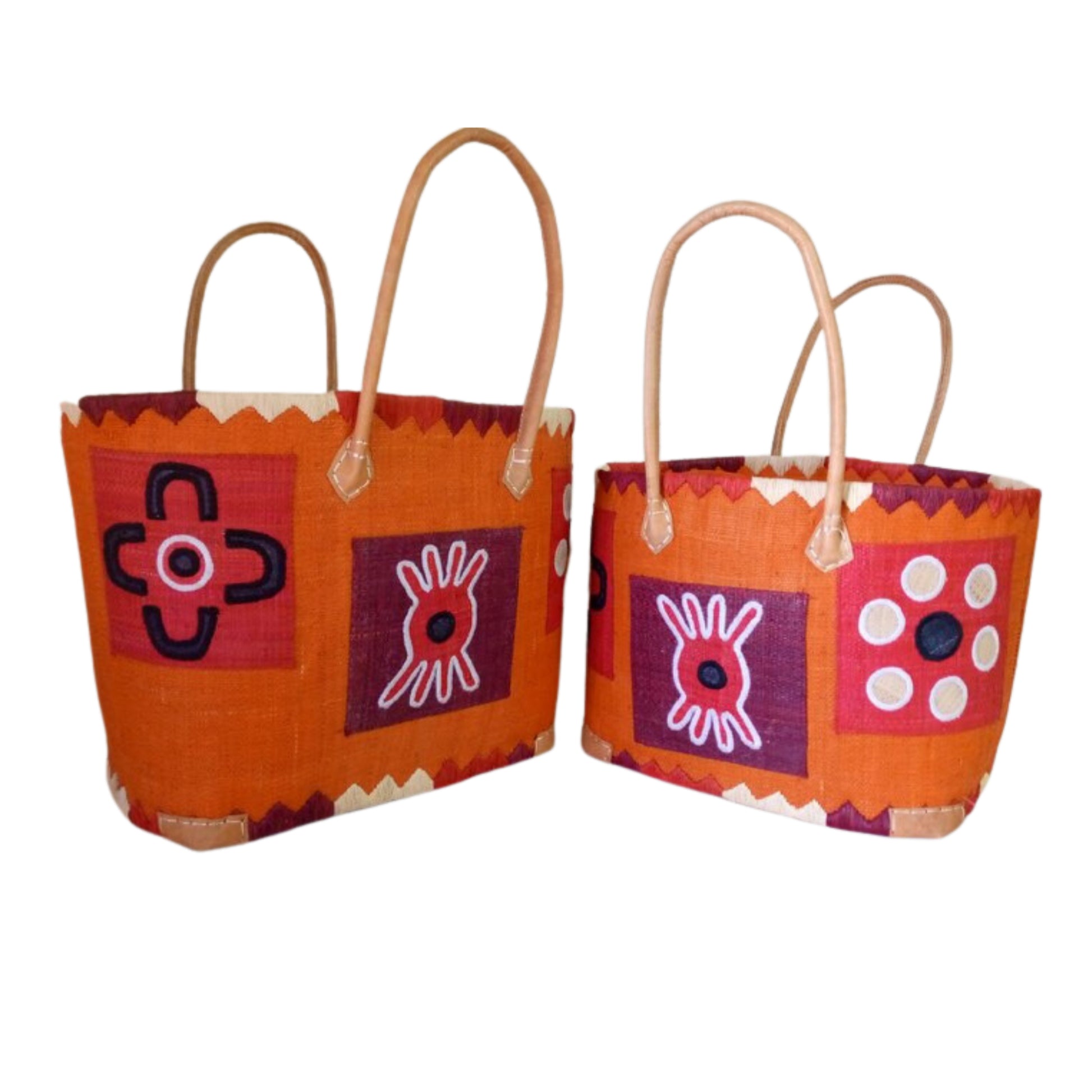 NatsNco handmade raffia women orange basket with pattern embroidery and leather handle & drawstring closure. Made in Madagascar