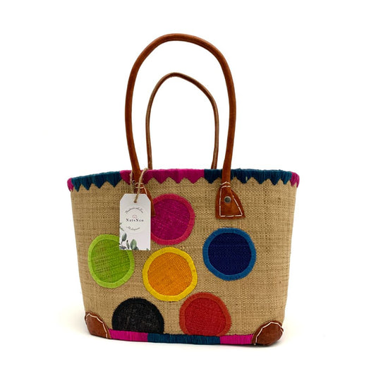  The Beige Raffia baskets with dotted embroidery, inside pocket & leather handle.3 different sizes and very spacious and durable.Handmade in Madagascar with love. 