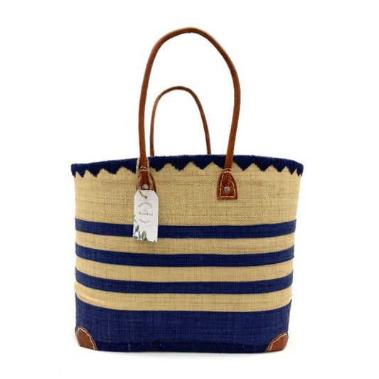 Beige and Blue stripes raffia baskets with leather handles and inside pocket. Handmade with love in Madagascar.